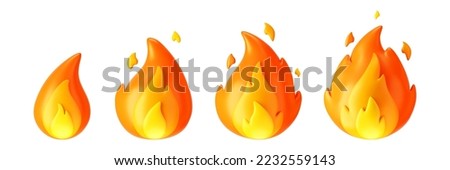 3d fire flame icons set with burning red hot sparks isolated on white background. Render sprite of fire emoji, energy and power concept. 3d cartoon simple vector illustration