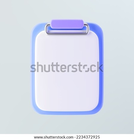 3d purple clipboard icon with blank sheet of paper isolated on gray background. Render clipboard with 3d document for notes, contracts, schedule, work planning. 3d cartoon simple vector illustration