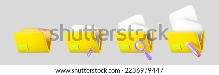 3d yellow file folder icons with document, pencil, clip and magnifying glass isolated on background. Render folder with paper for management file concept. 3d cartoon simple vector illustration