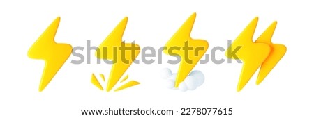 3d yellow lightning with sparks, clouds and double thunderbolt icons on white background. Render of lightning hit, electric strikes, flash of thunderbolt. 3d cartoon simple vector illustration