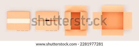 3d cardboard box icons top view set isolated on gray background. Render delivery cargo box with fragile care sign symbol, handling with care, protection from water rain. 3d cartoon vector
