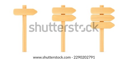 3d wooden arrow direction road signs set isolated on white background. Render of wood arrow crossroad sign for right direction and street, one way concept. 3d cartoon simple vector illustration