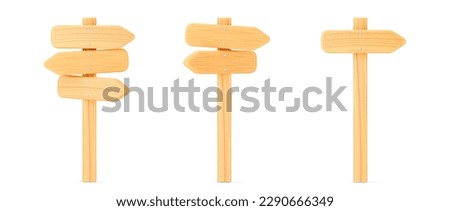 3d wooden arrow direction road signs set isolated on white background. Render of wood arrow crossroad sign for right direction and street, one way concept. 3d cartoon simple vector illustration