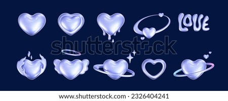 3d holographic hearts in y2k style isolated on dark background. Render 3d iridescent chrome hearts with galaxy planet, stars, fire flame, angel wings, melting, love text. 3d vector y2k illustration