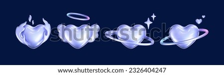 3d holographic hearts in y2k style isolated on dark background. Render of 3d iridescent chrome hearts with galaxy planet, stars, fire flame, angel wings and rainbow effect. 3d vector y2k illustration