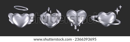 3d chrome hearts in y2k style isolated on dark background. Render of 3d silver hearts with galaxy planet, stars, fire flame, angel wings and glossy effect. 3d vector y2k illustration