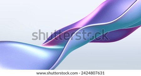 3d holographic liquid wave, iridescent chrome fluid silk fabric isolated on light background. Render of neon metal ribbon with rainbow gradient effect flying in motion. 3d vector geometric background