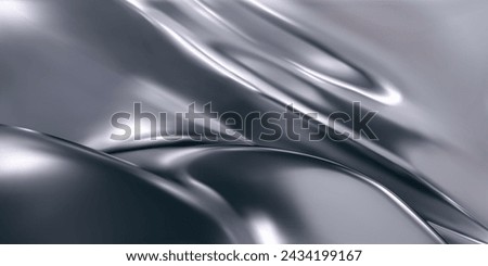 3d chrome liquid wavy texture, silver silk fabric background or smooth metal foil. Render of luxury cloth or curtain with wavy folds, shiny gradient effect flying in motion. 3d vector chrome texture