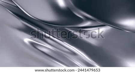 3d chrome liquid wavy texture, silver silk fabric background or smooth metal foil. Render of luxury cloth or curtain with wavy folds, shiny gradient effect flying in motion. 3d vector chrome texture