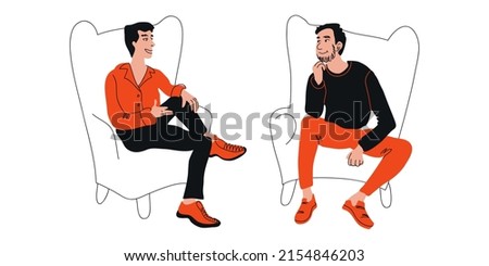 Two men communicate, notion and talking on armchair, one speaks and the other listens, psychoanalysis and behavioral therapy, mental health, communication. Vector doodle illustration, stylize people