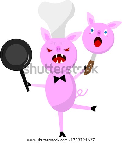 pig Cannibal cartoon character with evil eyes and sharp fangs holds the head of another piglet on a knife blade object on a white background Halloween and cooking concept
