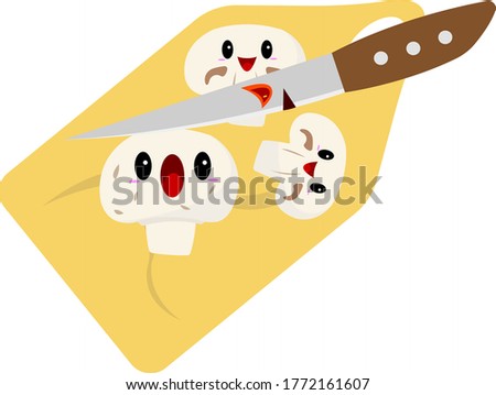 champignon mushrooms cartoon characters lie on a wooden cutting board a knife trying to cut a piece of mushroom