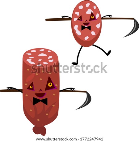 cut pieces of sausage cute characters monsters for Halloween with cut out triangular eyes and holding sharp braids objects on a white background concept of the autumn holiday and mysticism