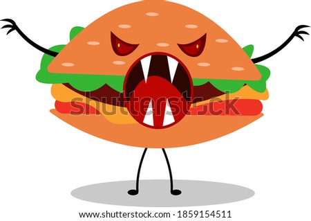 burger monster cartoon character with angry red eyes open mouth and sharp fangs frighteningly posing on white background malicious fast food concept