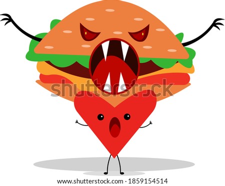scared heart and burger monster cartoon characters on white background fast food harm concept