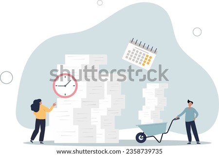 wheelbarrow full of paper documents, sorting unorganized stacks and heap.business and time management concept.flat vector illustration