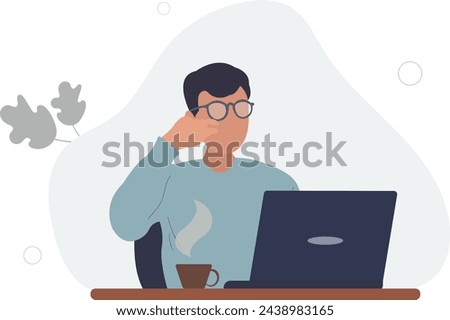 Man With Vision Problems Struggles To Use A Laptop.flat vector illustration.