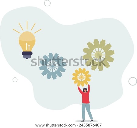 businesswoman put gear into system to improve development process.flat vector illustration.