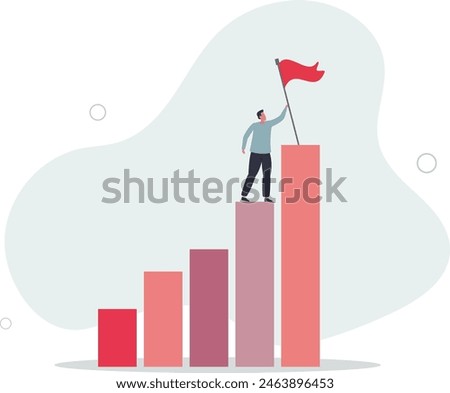businessman climbing growth bar graph to the top to stab down winning flag.flat vector illustration.