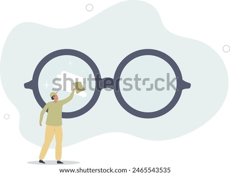 miniature worker cleaning huge eyeglass lenses for owner to get clear vision.flat vector illustration.