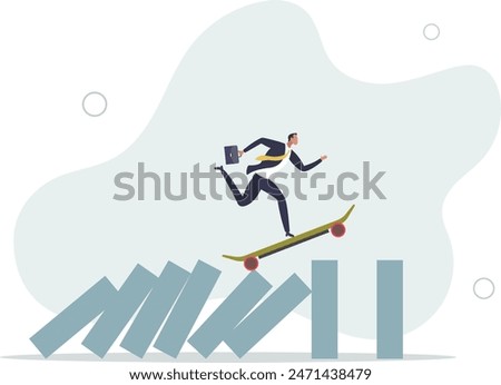 smart innovative businessman surf fast skateboard hit all dominos collapse.flat vector illustration.