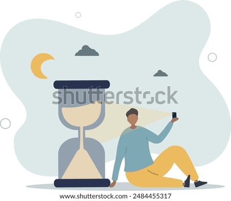 Screen time, doom scrolling or wasted time using smartphone, staying late night with mobile addiction concept.flat design.illustration with people.