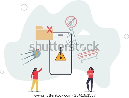 people holding folder and road barrier, antenna with exclamation mark on mobile phone screen.flat characters.