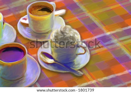 Digital oil painting of cups of coffee and cream with vivid colors