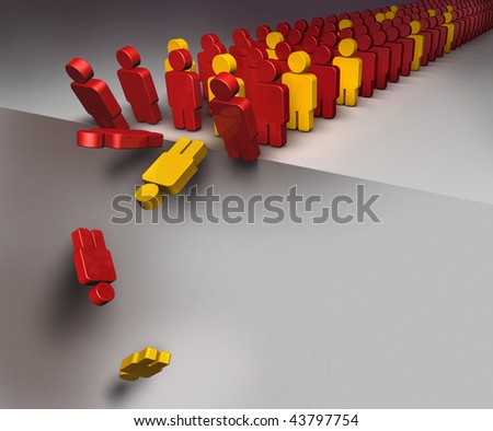3D illustration of a group of people falling down as in domino effect