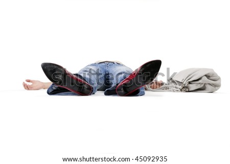 stock photo : Woman in a faint lying on the floor holding a bag.