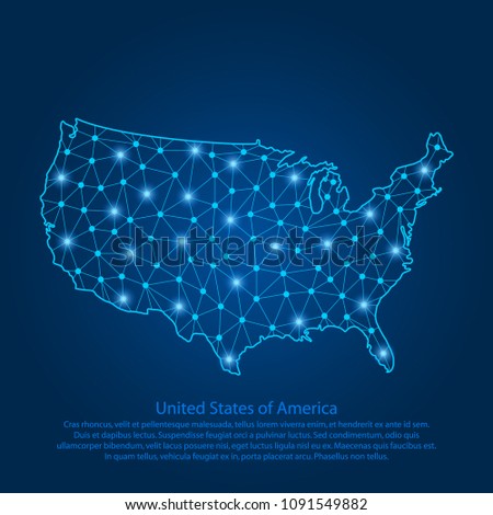 Abstract map of the USA created from lines, bright points and polygons in the form of starry sky, space and planets. Map of United States of America with stars, universe and connected line. Vector.