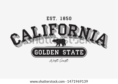 California modern typography for t-shirt. California college tee shirt with grizzly bear. Golden State slogan. Vector illustration.