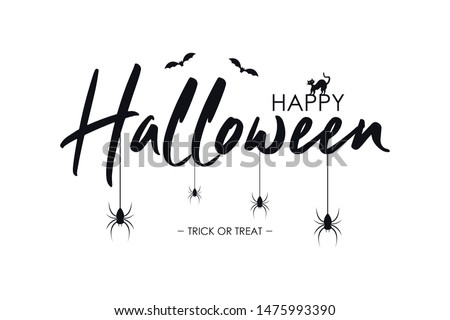 Happy Halloween text banner with bat, spider and cat. Vector illustration.