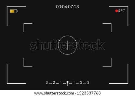 Camera frame viewfinder. Screen of video recorder, video camera digital display template on black background. Vector illustration.