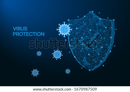Security shield for virus protection. Coronavirus, 2019-nCoV safety concept made by low polygonal wireframe mesh on blue background. Shield and virus cells. Vaccine, medicine, antibiotic. Vector.