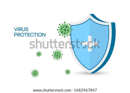 Security shield for virus protection. Coronavirus, 2019-nCoV safety concept. Shield and virus cells. Concept of vaccine, medicine, antibiotic. Vector illustration.