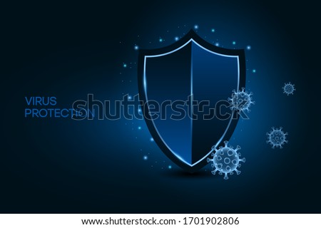 Security shield for virus protection. Coronavirus safety concept on blue background. Shield and virus cells of Covid-19. Vaccine, medicine, antibiotic. Vector.