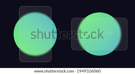 Glassmorphism effect with set of transparent glass plates on green gradient circles. Frosted acrylic or matte plexiglass plates in rectangle shape. Realistic glass morphism. Vector illustration.