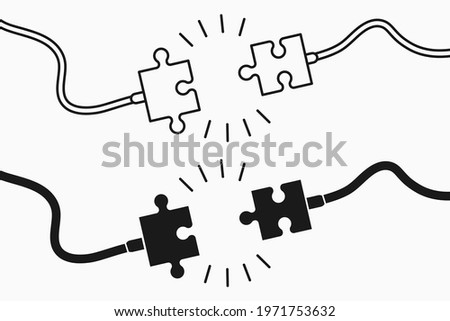 Electric plug and socket in puzzles pieces form. Unplugged electric plug with wire cable and socket in the form of jigsaw puzzle piece. Connection,  disconnection ana 404 error concept. Vector.