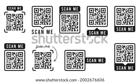QR code set. Template of frames with text - scan me and QR code for smartphone, mobile app, payment and discounts. Quick Response codes. Vector illustration.