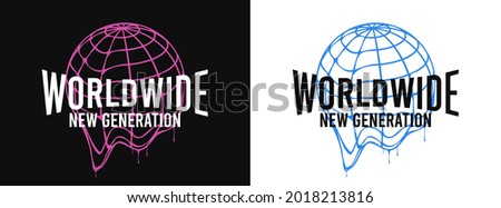 Worldwide - slogan for t-shirt design with Earth globe that melts. Typography graphics for tee shirt with dripping World globe. Apparel print design. Vector illustration.