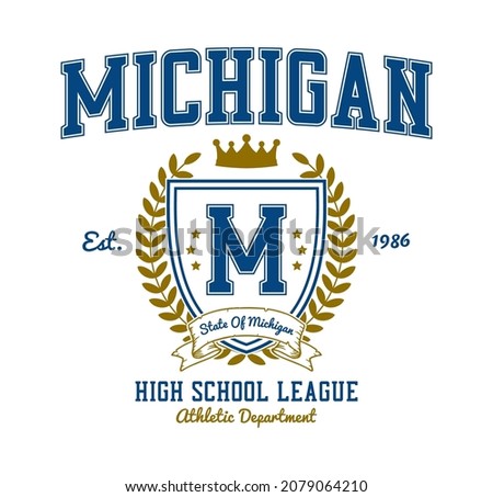 Michigan college style t-shirt design with shield, ribbon, crown and laurel wreath. Typography graphics for athletic tee shirt. Original sportswear print. Vector illustration.