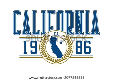 California t-shirt design. Typography graphics for college tee shirt with California map. Varsity style apparel print. Vector illustration.