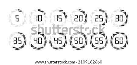 Timer and stopwatch icon set with digital numbers. Countdown timer or digital clock for time with second symbols. Vector illustration.