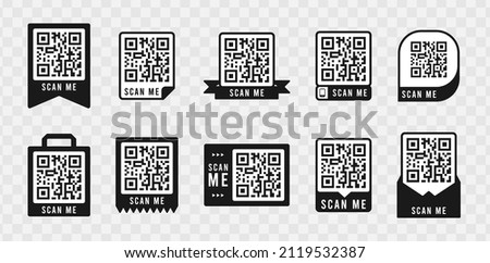 Qr code frame set. Template of frames for QR code with text - scan me. Quick Response codes for smartphone, mobile app, payment and discounts. Vector illustration.