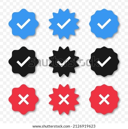 Profile verification check marks icons. Verified and unverified account sign. Social media icon set. Blue check mark and red cross mark symbol for profile authentication. Vector.