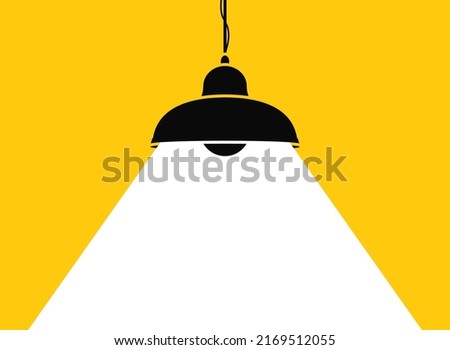 Ceiling hanging lamp illustration with illuminated background and copy space for text. Template for banner, poster. Flat style hanging lamp bulb. Vector.