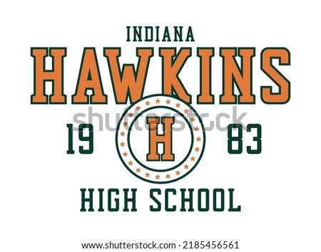 Hawkins, Indiana college style t-shirt design. Basketball tee shirt print. High school team basketball jersey print design. Vector illustration.