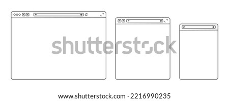 Browser window template in  line design. Blank web page with toolbar and search. Web window for PC, tablet, laptop and smartphone. Browser or app mockups. Vector.