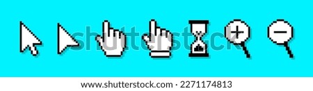 Pixel cursor or computer mouse pointer icons set. Pixel art cursors - arrows, hand click pointers, magnifier and hourglass. Pixelated computer mouse icons in 8 bit style. Vector.